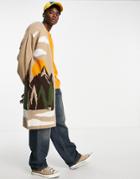 Asos Design Knitted Longline Cardigan With Landscape Design In Light Brown