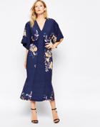 Liquorish Midi Kimono Dress In Digital Eastern Print - Blue Oriental