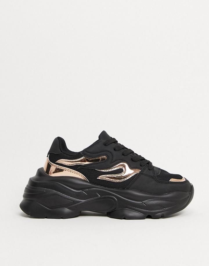 Asos Design Delight Chunky Flame Lace Up Sneakers In Black & Rose Gold.