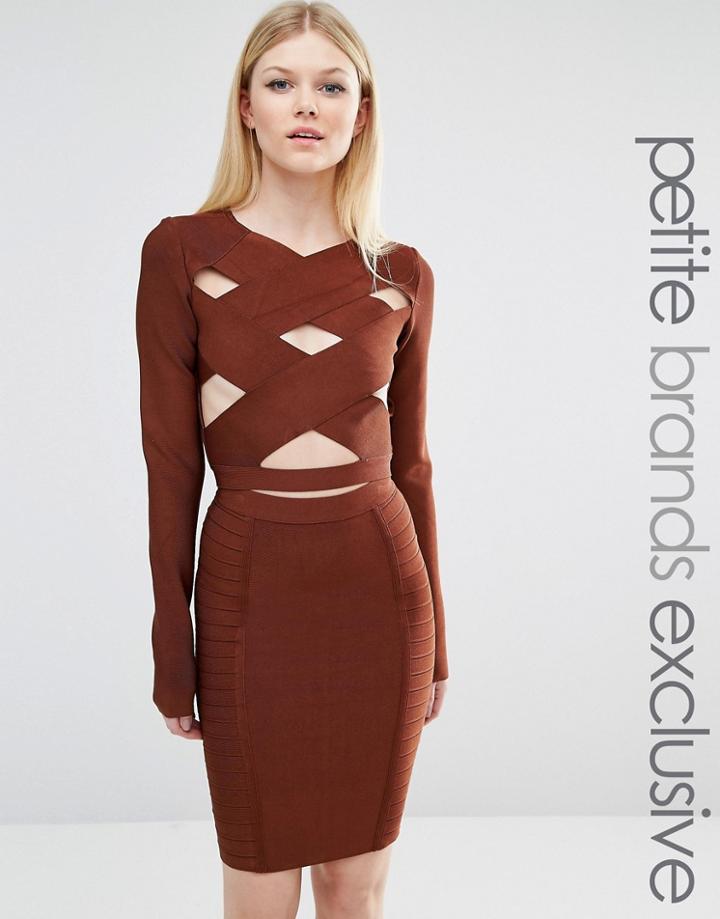 True Decadence Petite Wrap Front Bandage Crop Top - Brown