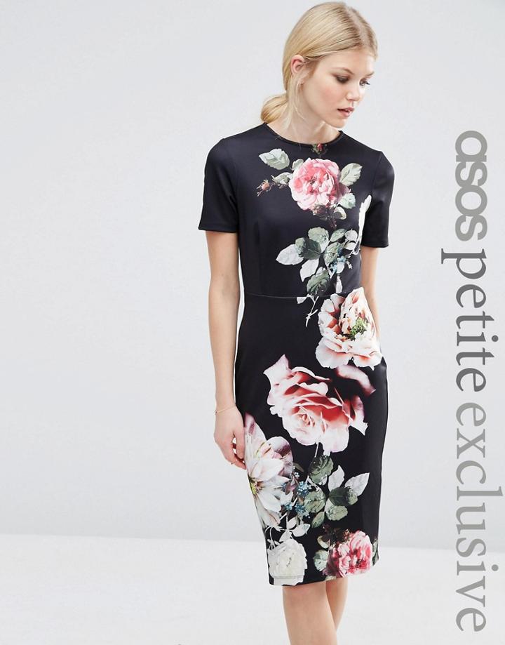 Asos Petite T-shirt Bodycon Dress With Photographic Floral Placement Print - Black