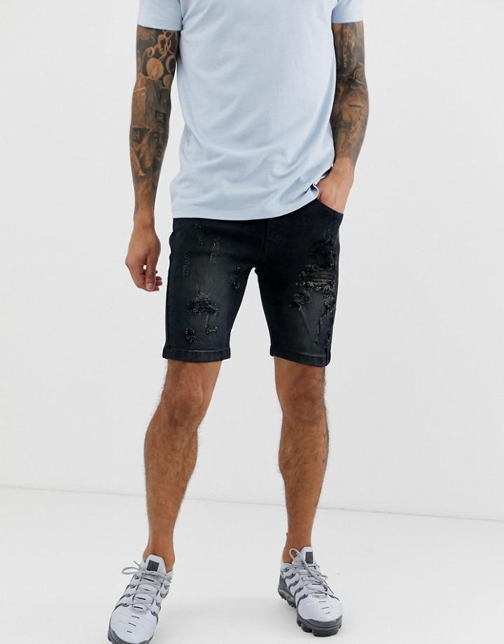 Soul Star Slim Fit Ripped Denim Shorts - Black