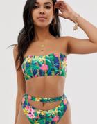 Asos Design Recycled Cut Out Bandeau Bikini Top In Glam Tropical Chain Print - Multi