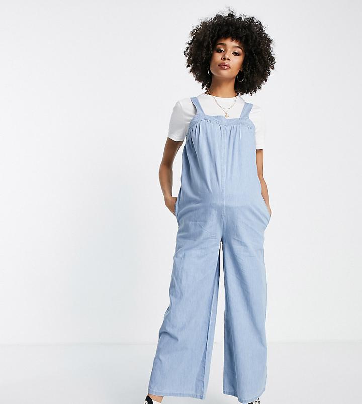 Asos Design Maternity Soft Denim Smock Jumpsuit In Lighwash-blue