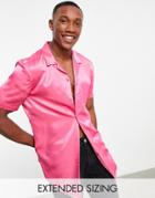 Asos Design Skinny Satin Shirt In Bright Pink