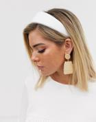 Asos Design Padded Headband In White Satin With Textured Drop Earrings In Gold Tone - Multi