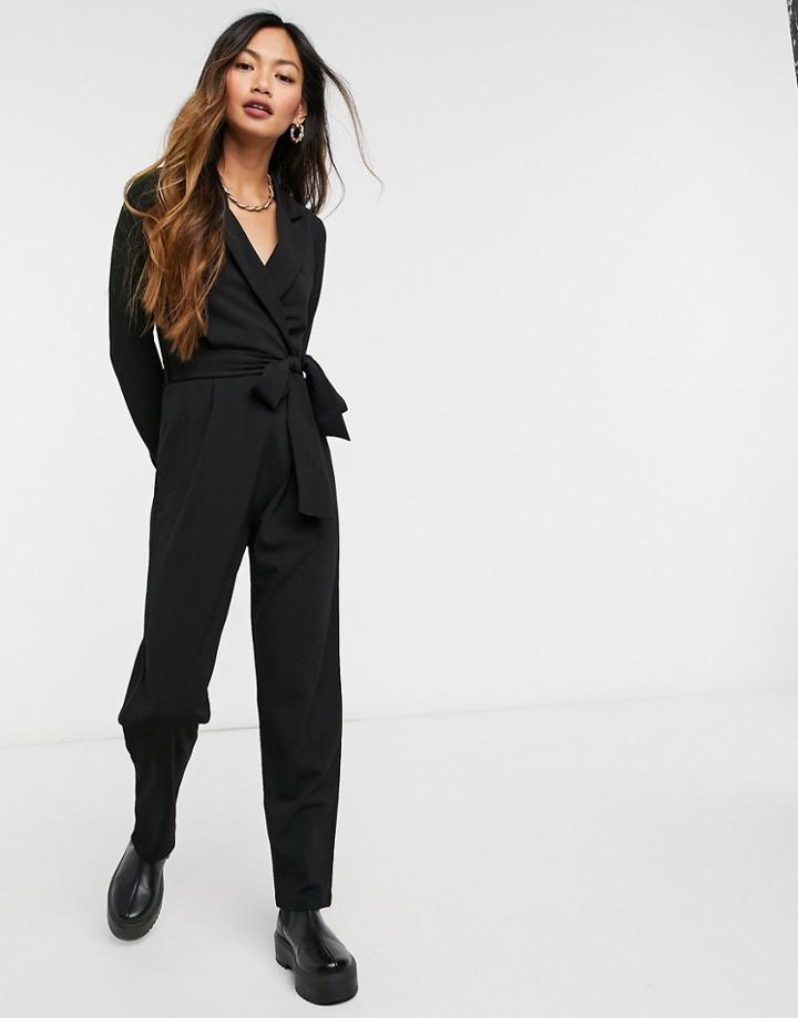 Asos Design Long Sleeve Tux Crepe Jumpsuit In Black