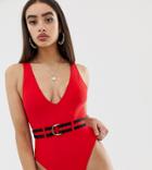 Missguided Belted Swimsuit In Red - Red