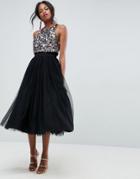 Asos Cluster Embellished Crop Top Tulle Midi Dress - Black