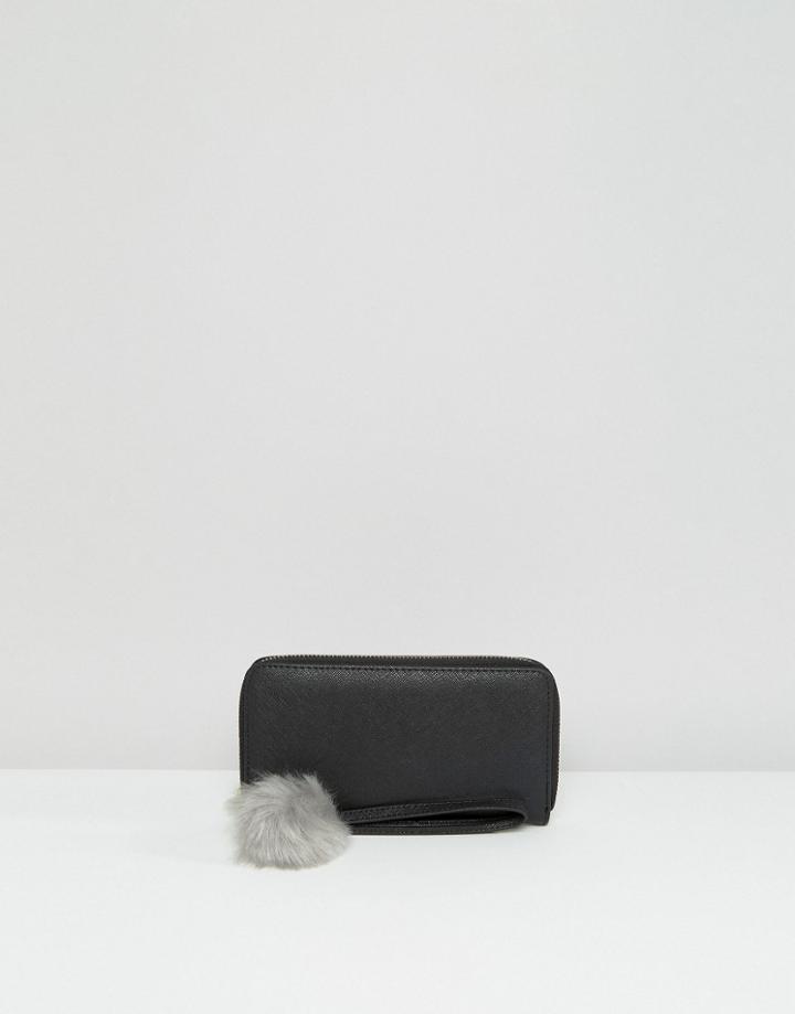 Yoki Fashion Zip Around Purse With Faux Fur Pom Pom - Black