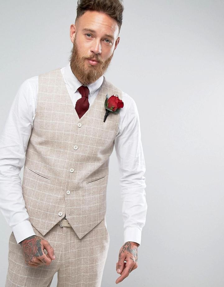 Asos Wedding Skinny Suit Vest Oatmeal Wool Mix Grid Check - Gray