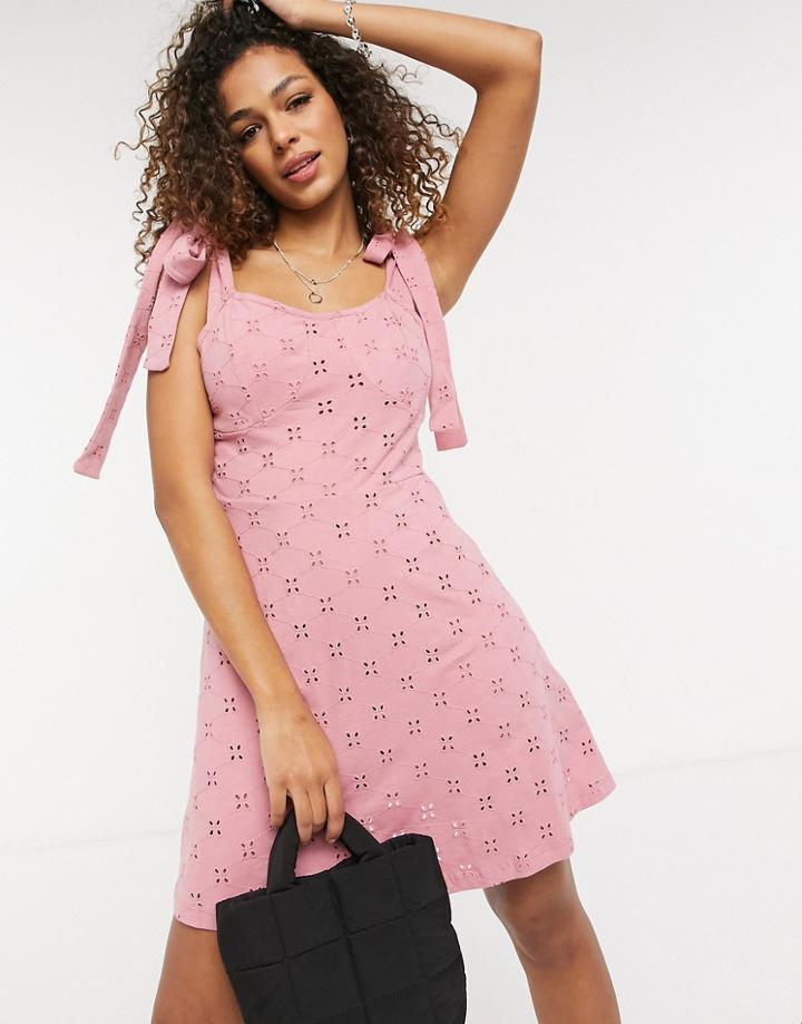 Asos Design Broderie Mini Skater Dress With Bunny Ties At Shoulders In Rose-pink