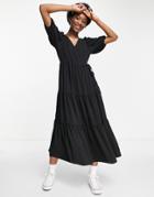 Asos Design Wrap Front Tiered Smock Midi Dress In Black