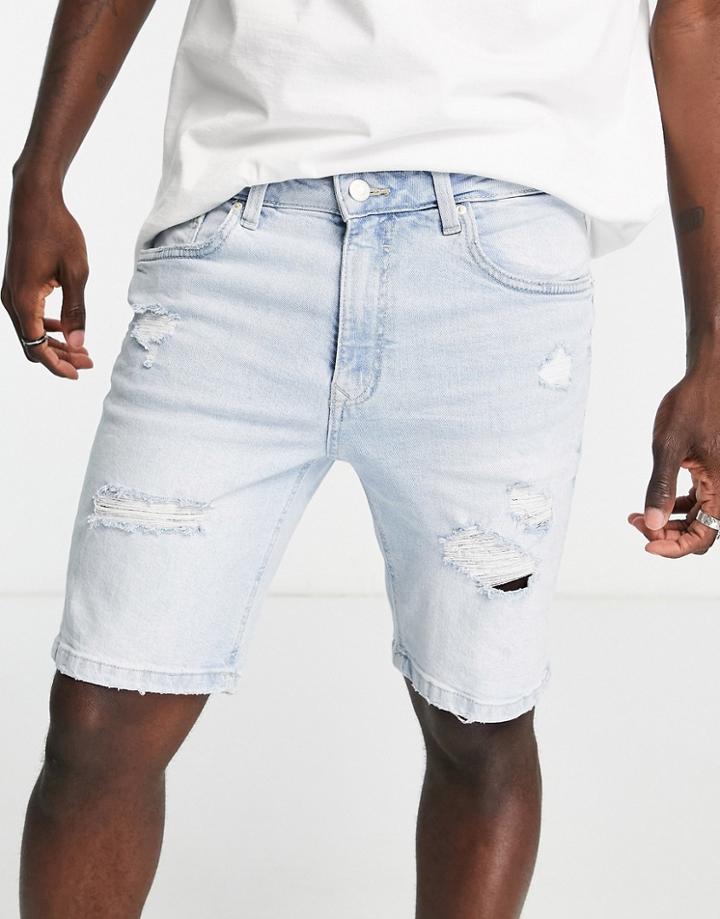 Bershka Distressed Denim Shorts In Light Blue