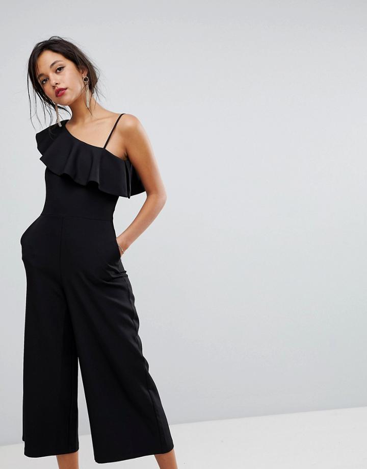 Oasis Frill Front One Shoulder Tailored Jumpsuit - Black