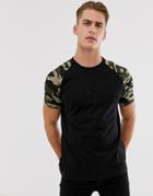 Bershka Raglan T-shirt With Camo Print Sleeves In Black-green