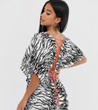 Asos Design Petite Beach Romper With Neon Lattice Back In Mono Zebra Print - Multi
