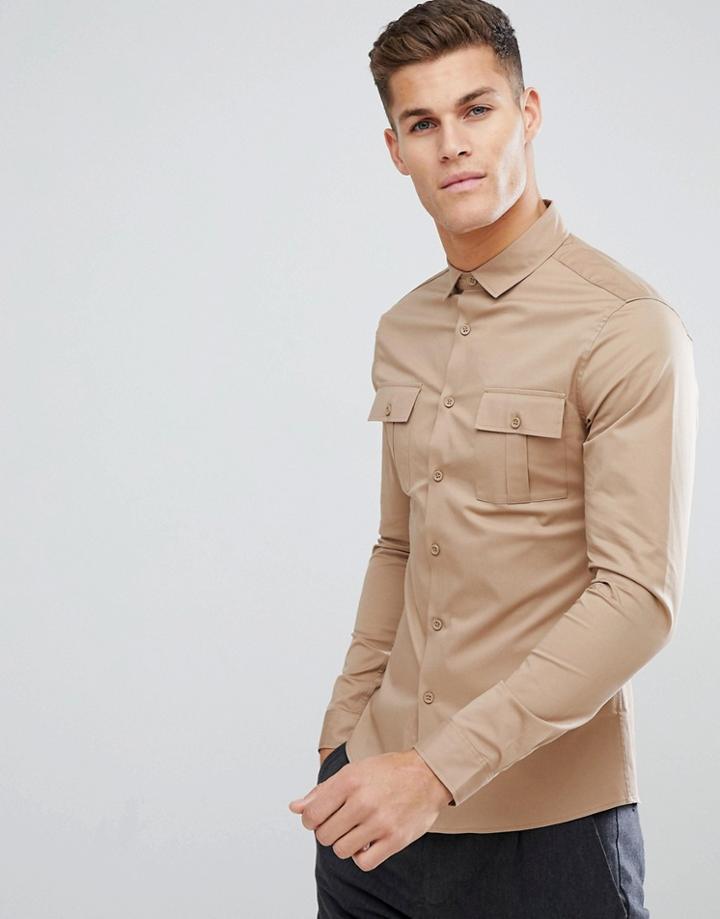 Asos Skinny Fit Military Shirt With Pockets In Camel - Tan