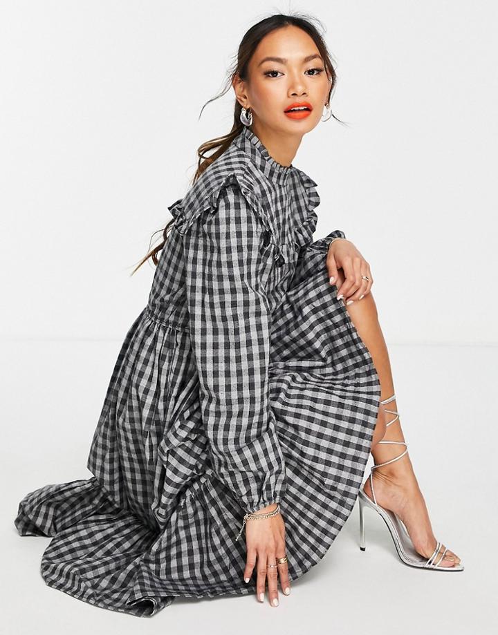 Trendyol Frill Front Long Sleeve Midi Dress In Gray