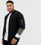 Asos Design Plus Jersey Bomber Jacket With Ma1 Pocket And Color Blocking With Stretch - Black
