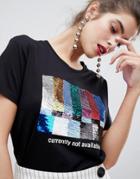 Stradivarius Glitter Slogan Not Currently Available Tee - Black