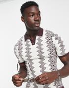 Asos Design Knitted Polo In Geo Design-brown