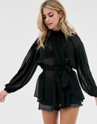 Asos Design Long Sleeve Sheer High Neck Top With Volume Sleeve