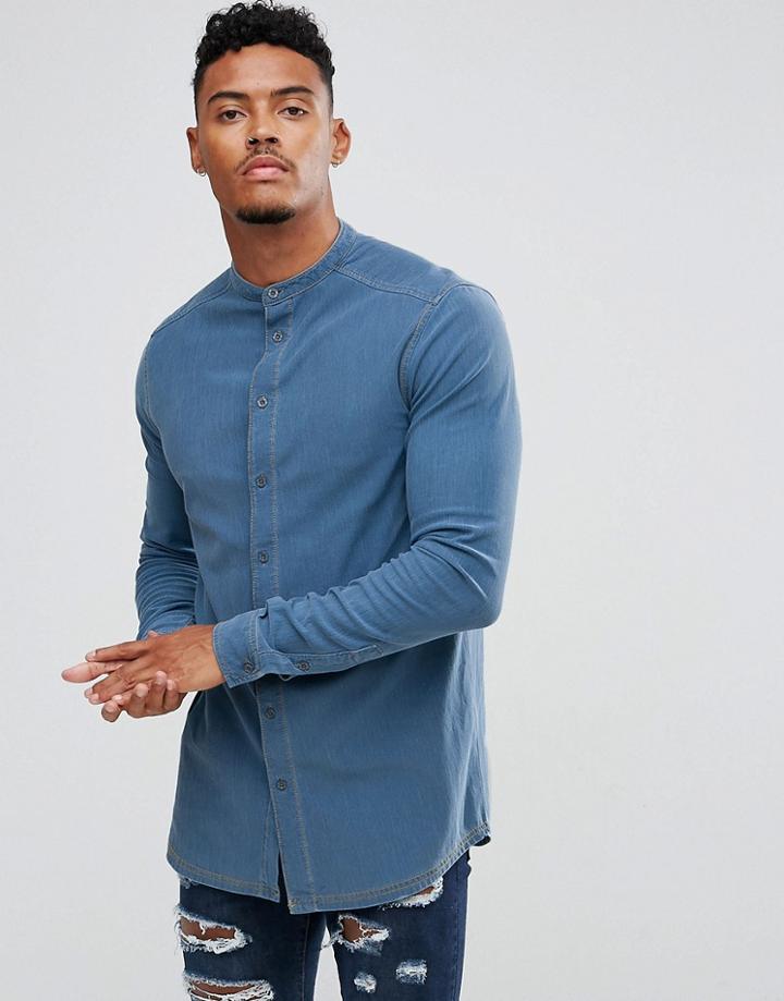 Illusive London Muscle Shirt In Blue Denim - Blue
