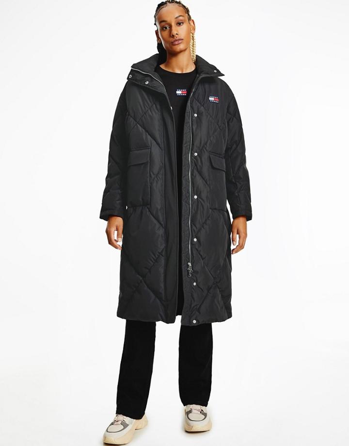Tommy Jeans Longline Padded Coat In Black