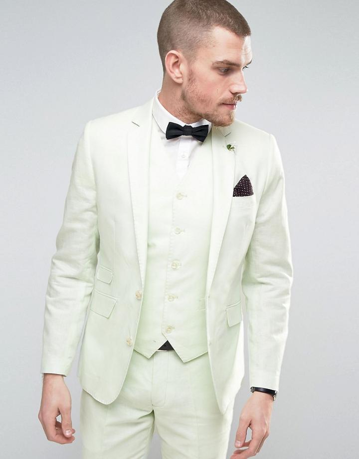 Gianni Feraud Wedding 55% Linen Slim Fit Suit Jacket With Floral Lapel Pin - Green