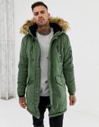 Pull & Bear Fleece Lined Parka With Fur Trim Hood In Khaki - Green