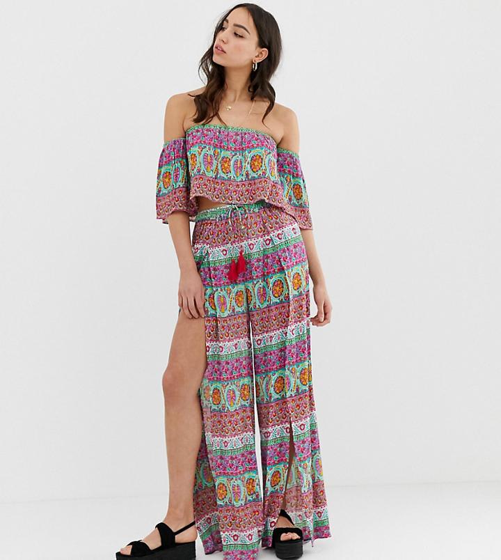Asos Design Tall Split Front Beach Pants In Tile Print Two-piece - Multi