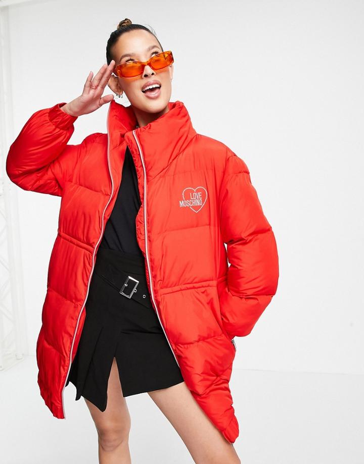 Love Moschino Logo Front Mid Length Quilted Jacket In Red