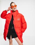 Love Moschino Logo Front Mid Length Quilted Jacket In Red