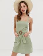 Asos Design Square Neck Linen Mini Sundress With Wooden Buckle & Contrast Stitch-green