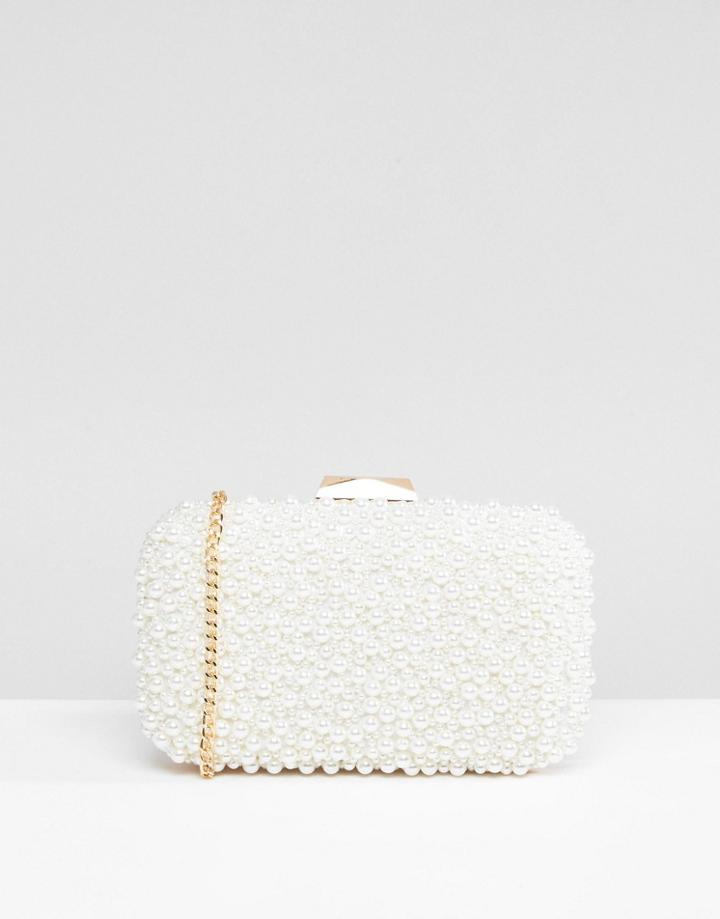 True Decadence All Over Pearl Beaded Box Clutch Bag - White