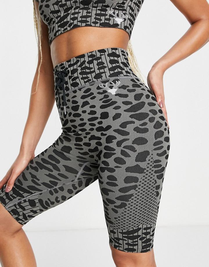 Twill Active Recycled Tie Waist Seamless Shorts In Gray Leopard Print