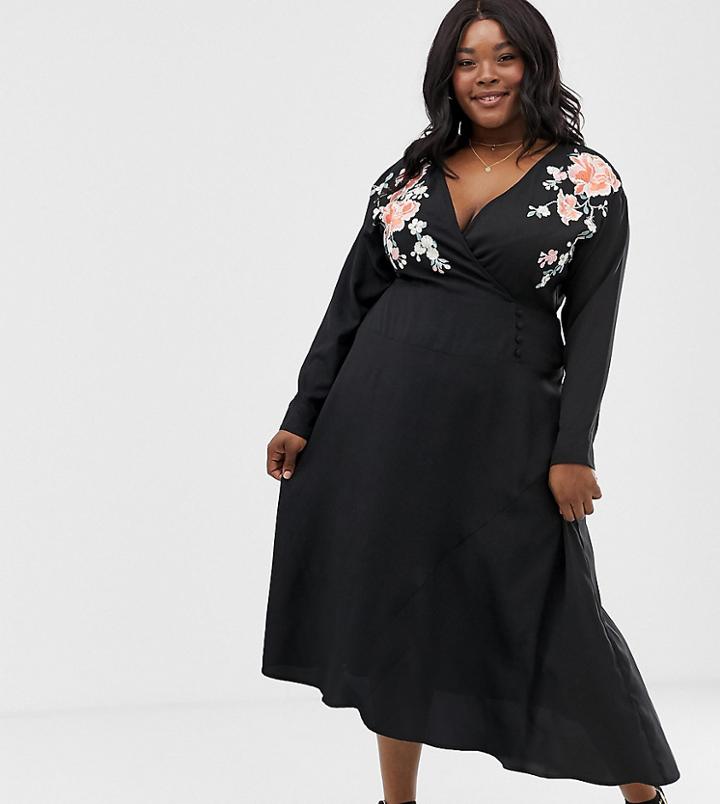 Asos Design Curve Embroidered Wrap Midi Dress - Multi