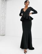 True Violet Black Label Long Sleeve Plunge Maxi Dress With Peplum In Black - Black