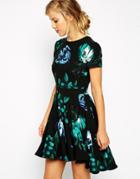 Asos Skater Dress With Dipped Hem In Blue Floral Print - Multi