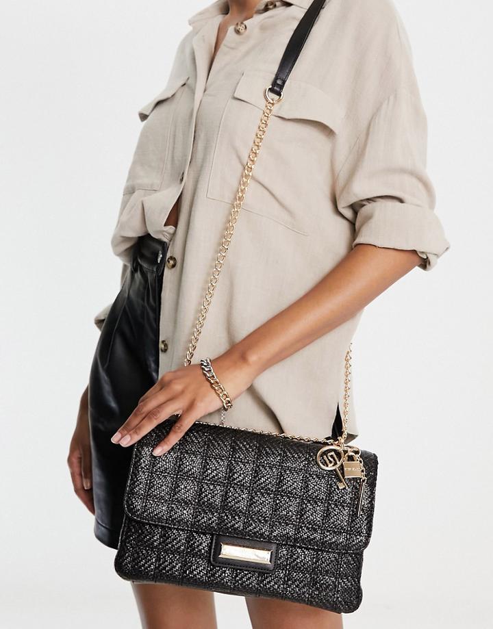 River Island Raffia Quilt Shoulder Bag In Black