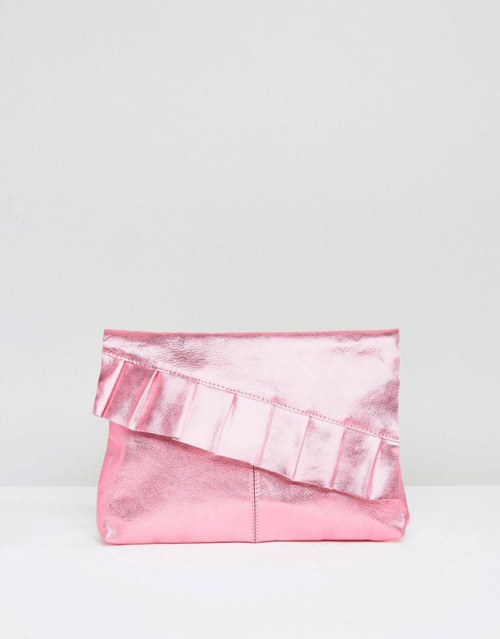Asos Metallic Leather Ruffle Clutch Bag - Pink