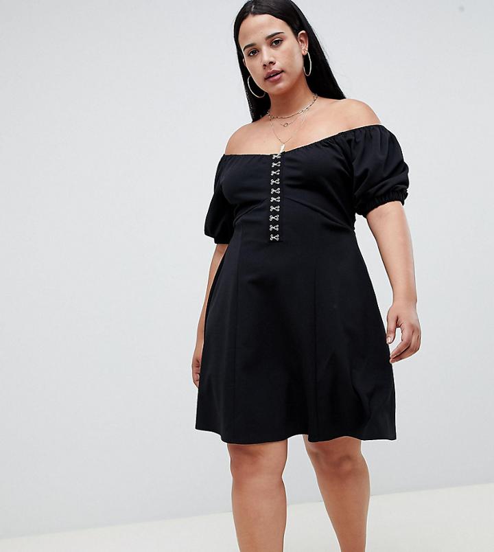 Asos Design Curve Mini Skater Dress With Hook And Eye Detail - Black