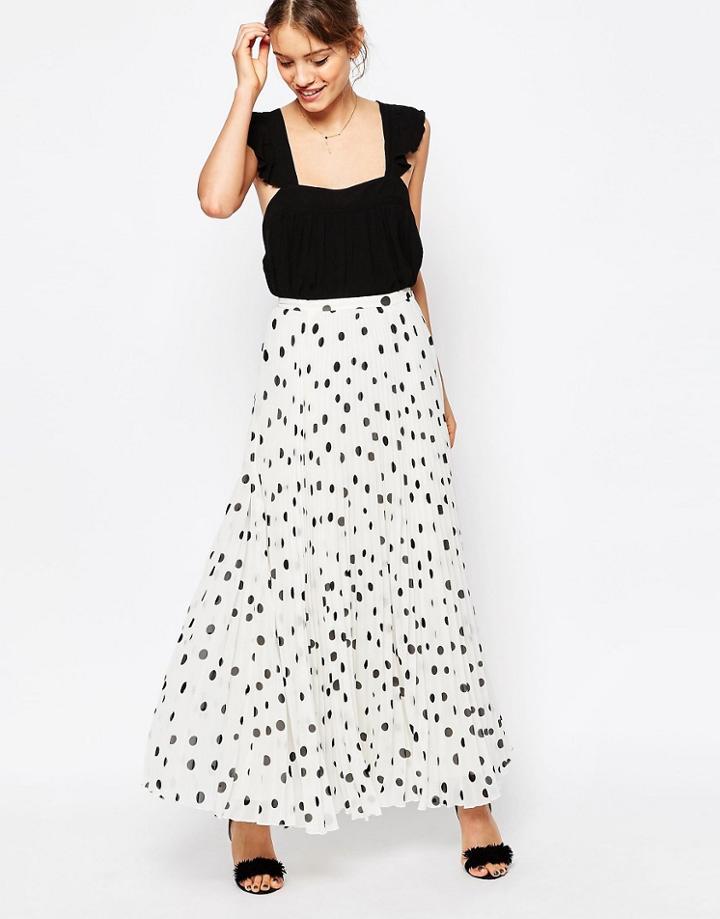Asos Pleated Maxi Skirt In Polka Dot