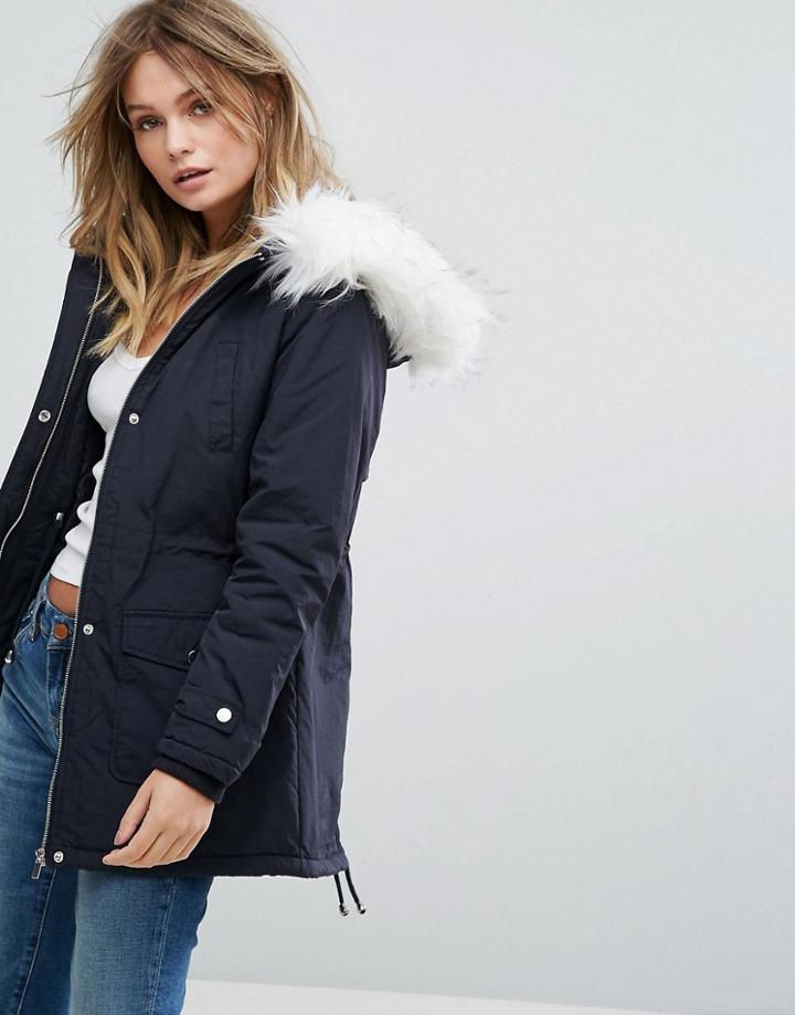 New Look Faux Fur Hood Parka Coat - Navy