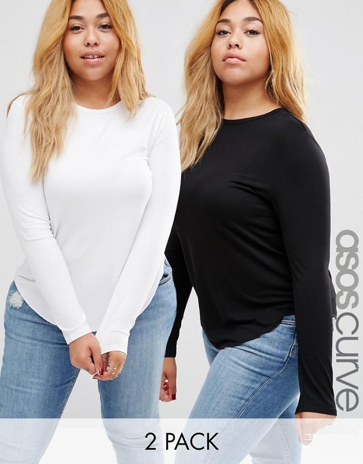 Asos Curve Long Sleeve Top With Skinny Crew Neck 2 Pack - Black