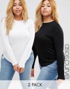Asos Curve Long Sleeve Top With Skinny Crew Neck 2 Pack - Black