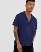 Asos Design Relaxed Viscose Shirt With Low Revere Collar In Navy - Navy