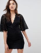 Asos Cape Plunge Lace Mini Dress-black