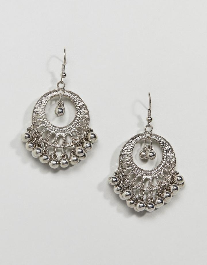 Asos Design Engraved Burnished Bead Hoop Earrings - Silver